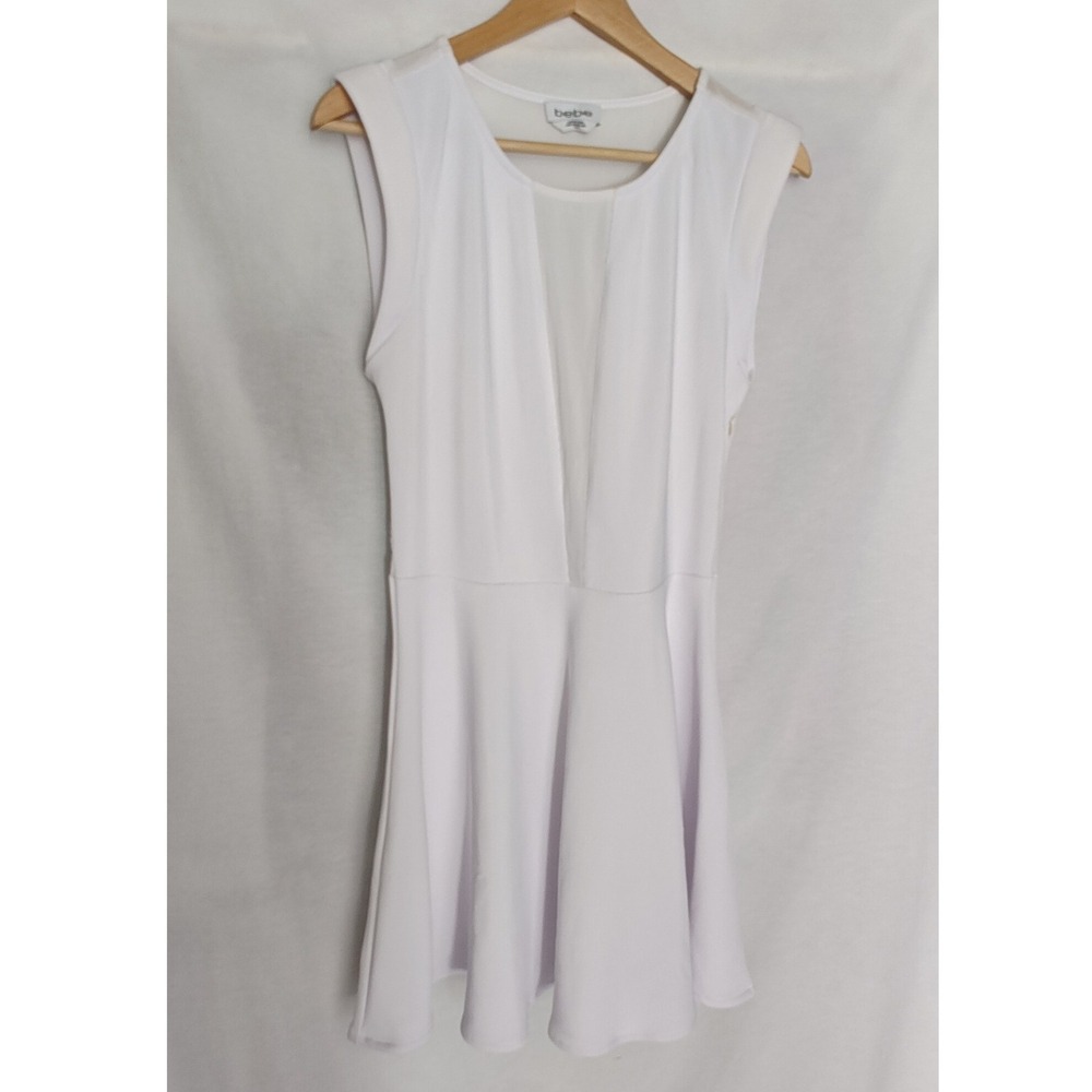 Bebe Fit & Flare Dress White Sheer Back Mesh Front Panel‎ Sleeveless XL Knit
